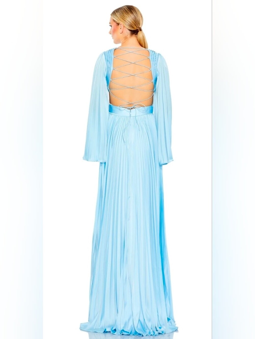 NWT MAC DUGGAL 26732i Light Blue Pleated Backless Maxi Dress Size 2
